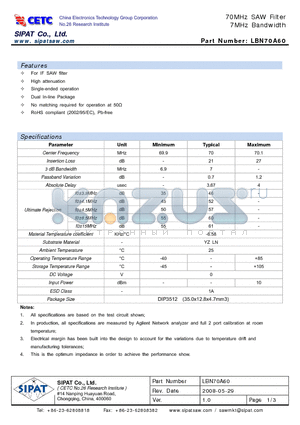 LBN70A60 datasheet - 70MHz SAW Filter 7MHz Bandwidth