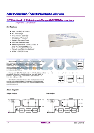 MKW2600 datasheet - 15 Watts 4:1 Wide Input Range DC/DC Converters