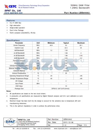 LBS05002 datasheet - 50MHz SAW Filter 1.2MHz Bandwidth