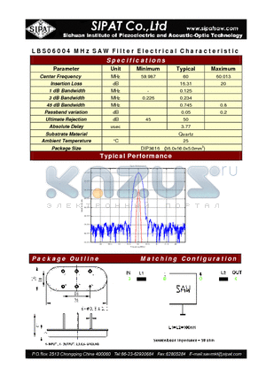 LBS06004 datasheet - SAW Filter Electrical Characteristic