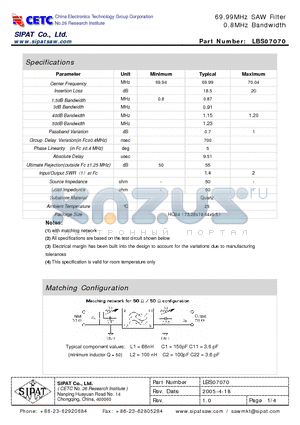LBS07070 datasheet - 69.99MHz SAW Filter 0.8MHz Bandwidth