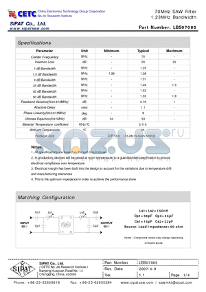 LBS07085 datasheet - 70MHz SAW Filter 1.23MHz Bandwidth