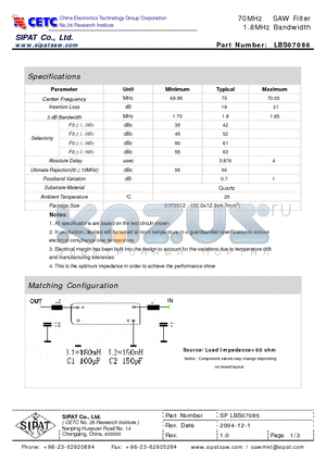 LBS07086 datasheet - 70MHz SAW Filter 1.8MHz Bandwidth