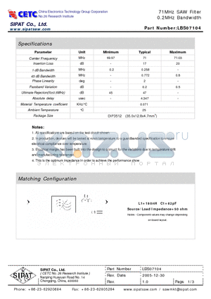 LBS07104 datasheet - 71MHz SAW Filter 0.2MHz Bandwidth