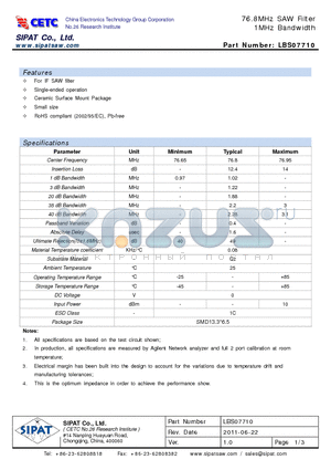 LBS07710 datasheet - 76.8MHz SAW Filter 1MHz Bandwidth