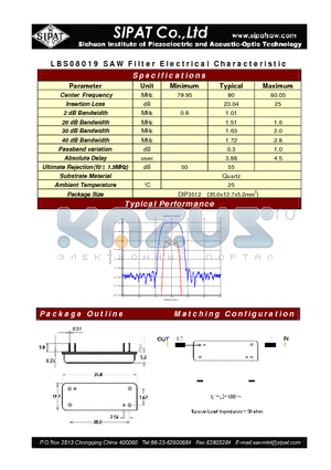 LBS08019 datasheet - SAW Filter Electrical Characteristic
