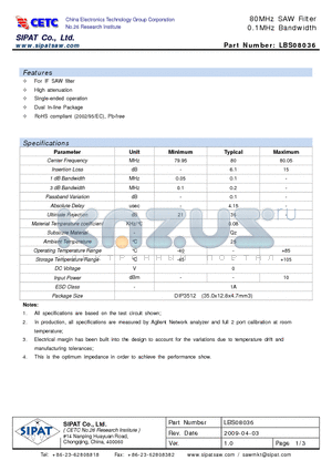 LBS08036 datasheet - 80MHz SAW Filter 0.1MHz Bandwidth