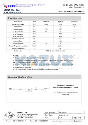 LBS08601 datasheet - 86.36MHz SAW Filter 1MHz Bandwidth