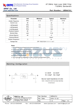 LBS08701 datasheet - 87.5MHz High-Loss SAW Filter 1.62MHz Bandwidth