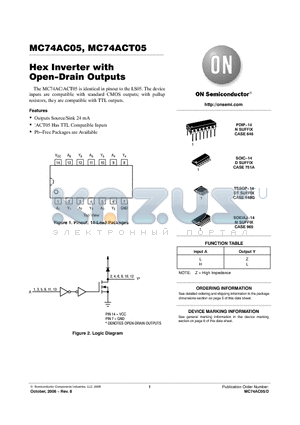 MC74ACT05N datasheet - Hex Inverter with Open−Drain Outputs