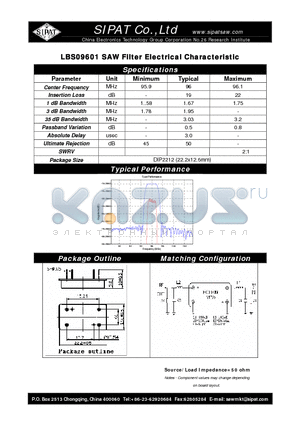 LBS09601 datasheet - SAW Filter Electrical Characteristic