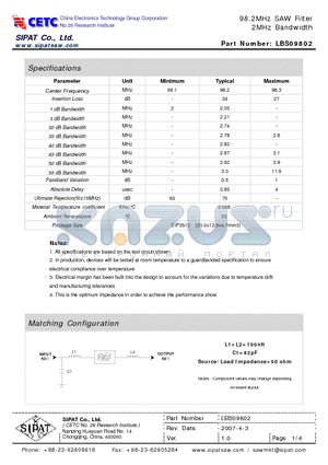 LBS09802 datasheet - 98.2MHz SAW Filter 2MHz Bandwidth