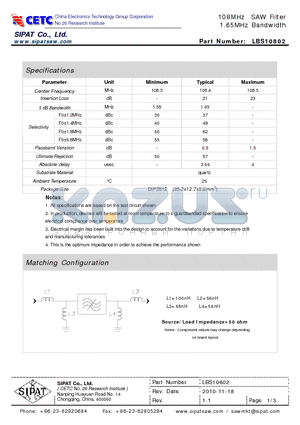 LBS10802_10 datasheet - 108MHz SAW Filter 1.65MHz Bandwidth