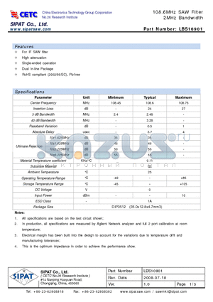 LBS10901 datasheet - 108.6MHz SAW Filter 2MHz Bandwidth