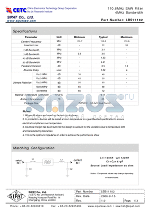 LBS11102 datasheet - 110.8MHz SAW Filter 4MHz Bandwidth