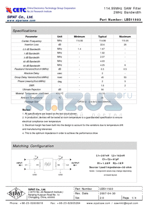 LBS11503 datasheet - 114.99MHz SAW Filter 2MHz Bandwidth