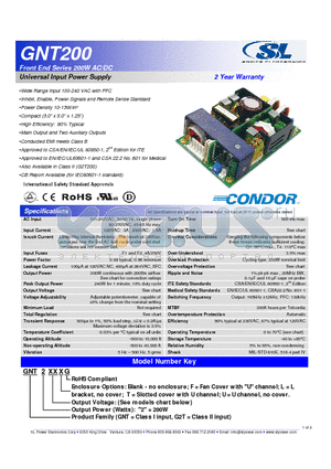 GNT200 datasheet - Universal Input Power Supply