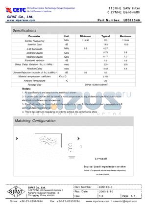 LBS11540 datasheet - 115MHz SAW Filter 0.27MHz Bandwidth