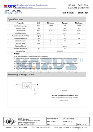 LBS11526 datasheet - 115MHz SAW Filter 0.22MHz Bandwidth