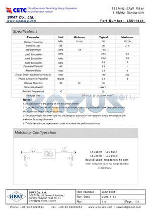 LBS11531 datasheet - 115MHz SAW Filter 1.8MHz Bandwidth