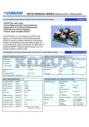 GNT30-48 datasheet - Low Power Medical Power Supplies 30 Watt AC/DC Universal Input Power Supply