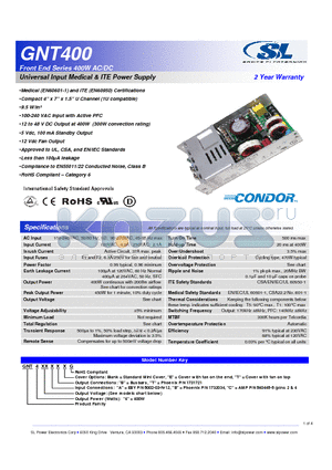 GNT400 datasheet - Universal Input Medical & ITE Power Supply