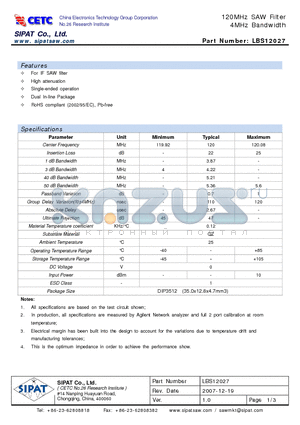 LBS12027 datasheet - 120MHz SAW Filter4MHz Bandwidth