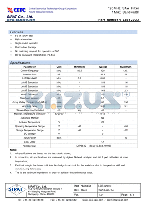 LBS12033 datasheet - 120MHz SAW Filter 1MHz Bandwidth