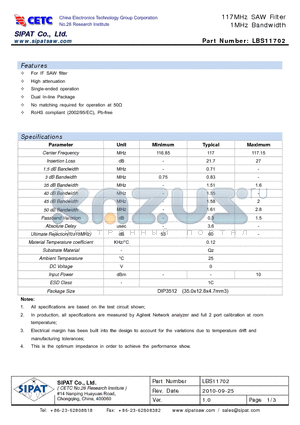 LBS11702 datasheet - 117MHz SAW Filter 1MHz Bandwidth