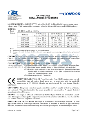 GNT60-48 datasheet - GNT60-X-YYYG, where X = 12, 15, 18, 24 or 48 which represents the output voltage rating, -YYY is value added options not related to Safety and G represents ROHS Compliance