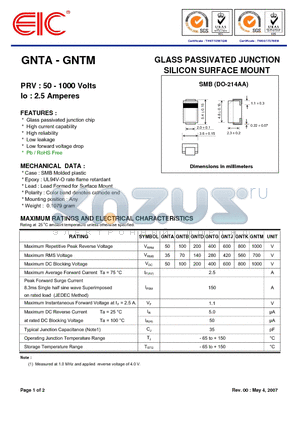 GNTA datasheet - GLASS PASSIVATED JUNCTION