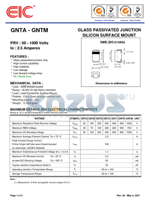 GNTB datasheet - GLASS PASSIVATED JUNCTION
