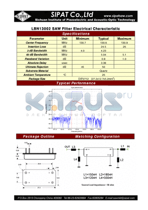 LBS13002 datasheet - SAW Filter Electrical Characteristic