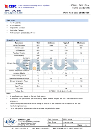 LBS13009 datasheet - 130MHz SAW Filter 4MHz Bandwidth