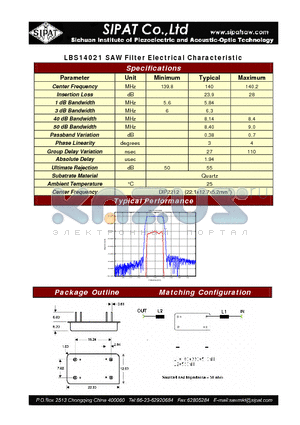 LBS14021 datasheet - SAW Filter Electrical Characteristic