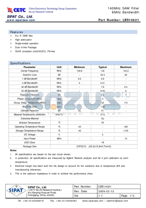 LBS14021_09 datasheet - 140MHz SAW Filter 6MHz Bandwidth