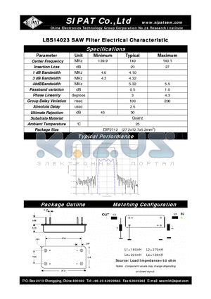 LBS14023 datasheet - SAW Filter Electrical Characteristic