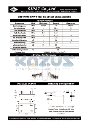 LBS14040 datasheet - SAW Filter Electrical Characteristic