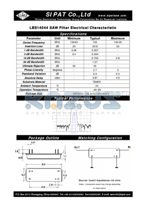 LBS14044 datasheet - SAW Filter Electrical Characteristic