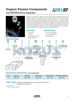 ML03511R8PAT2A datasheet - Low ESR Microwave Capacitors