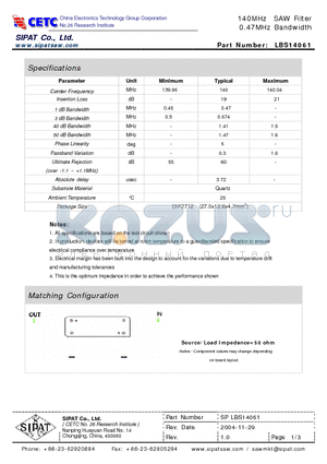 LBS14061 datasheet - 140MHz SAW Filter 0.47MHz Bandwidth