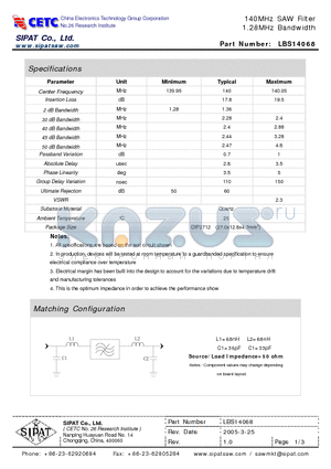 LBS14068 datasheet - 140MHz SAW Filter 1.28MHz Bandwidth