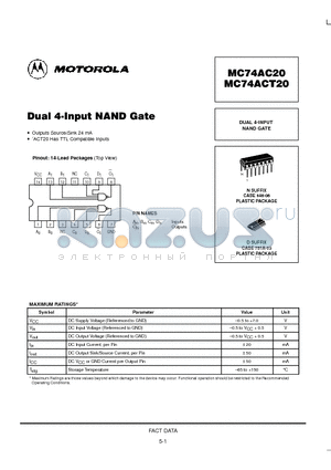 MC74ACT20 datasheet - Dual 4-Input NAND Gate