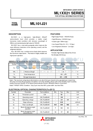 ML101J21 datasheet - MITSUBISHI LASER DIODES FOR OPTICAL INFORMATION SYSTEMS