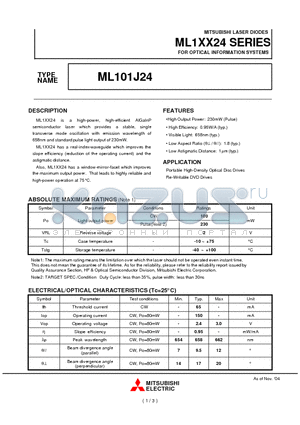 ML101J24 datasheet - MITSUBISHI LASER DIODES FOR OPTICAL INFORMATION SYSTEMS
