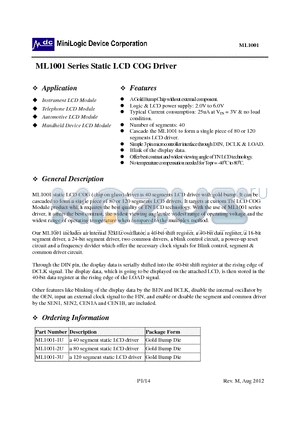 ML1001 datasheet - ML1001 Series Static LCD COG Driver