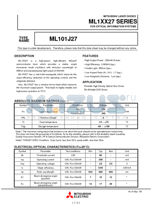 ML101J27 datasheet - MITSUBISHI LASER DIODES FOR OPTICAL INFORMATION SYSTEMS