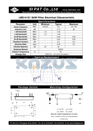 LBS14101 datasheet - SAW Filter Electrical Characteristic