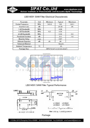 LBS14501 datasheet - SAW Filter Electrical Characteristic