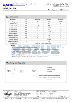 LBS15008 datasheet - 150MHz High-Loss SAW Filter 4.00MHz Bandwidth